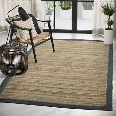 Jute Rug 100% Natural Runner  Handmade Black Rug Rustic Look Braided Carpet • £23.78