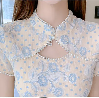 Lady Hollow Slit Cheongsam Qipao Short Dress Floral Chiffon Beaded Summer Casual • $37.81