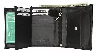 Men's European Cowhide Black Leather Trifold Wallet 3 ID8 Slots Change Pocket • $16.99