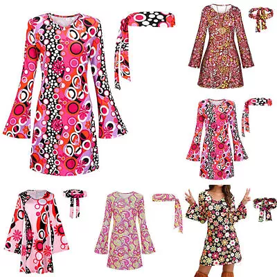 Women Flower Hippie 60s 70s Costume Vintage Retro Hippy Disco Fancy-Dress Outfit • £19.59