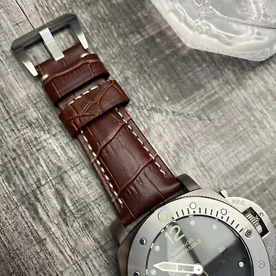 For OFFICINE PANERAI Luminor Marina 24mm Brown Calf Leather Watch Strap Band • £40
