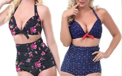 UK Women Retro 50s Pin Up Vintage High Waist Bikini Swimwear Plus Size 8 -18 • £8.99