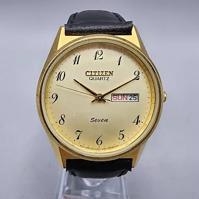 VTG Citizen Seven Watch Men Gold Tone Champange Dial Daydate 35mm Round New Batt • $29.99