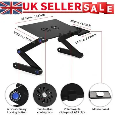 Adjustable Folding Laptop Stand Tray Desk Table With Mouse Pad Dual Cooling Fan • £14.99