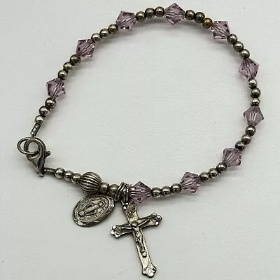 Vintage Sterling Silver Chapel Rosary Bracelet Light Pink Glass Beads 7” Marked • $35
