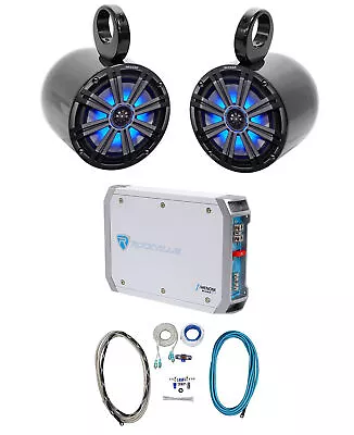 Pair KICKER 45KM84L 8  600 Watt Marine LED Wakeboard Speakers+Amplifier+Amp Kit • $489.85