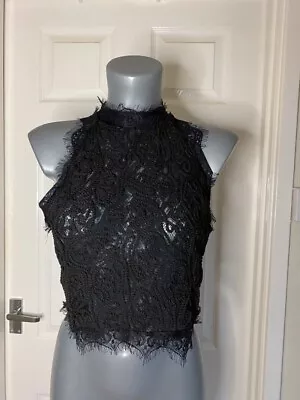 Ladies Size Large (10/12) Miss Pap Lace Crop Top Zip Up Back Black See Through • £4.50