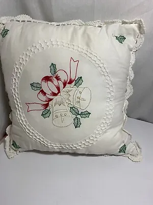 $12 • Buy Vintage Embroidered Christmas Holly Berries Bells Decorative￼ Pillow 17” X17”