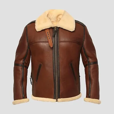 Men's Brown B3 Shearling Jacket | Handmade Brown Fur Bomber Jacket • $306.55