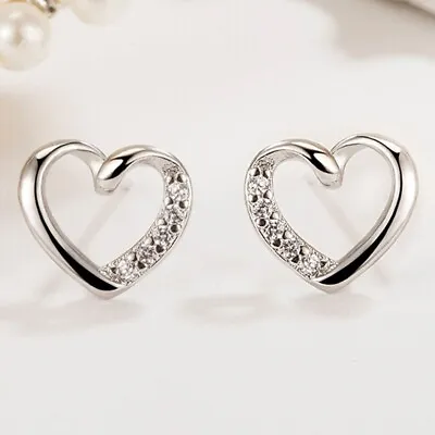 925 Sterling Silver Crystal Heart Stud Earrings Jewellery Women Girls UK Gift • £3.49