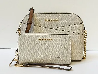 Michael Kors Jet Set Travel Dome Crossbody Bag + Multifunction Wallet Mk Vanilla • $129.80