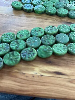 Swirl Green Vintage Antique Pressed Czech Glass  6in In Strand 15mm Coin Beads • $12.50