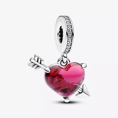 GENIUE PANDORA Red Heart & Arrow Murano Glass Dangle Charm S925 ALE 793085C01 • £24.99