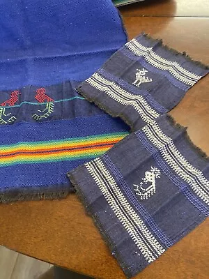 3 VINTAGE SW Mexican Theme Textile Tea Towel Runner - 2 Napkins BLUE Aztec Style • $9.99