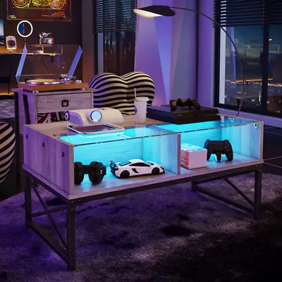 $172.53 • Buy Coffee Table With LED Lights And Glass Shelf, Retro Grey