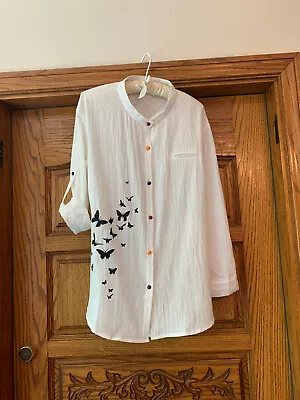 Mandarin Collar Shirt/tunic White Cotton With Motif Of Black Butterflies Sz M • $45