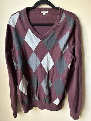 MERONA Men's Argyle Long Sleeve V-Neck Cotton Knit Sweater Purple & GRAY Size L • $9.97