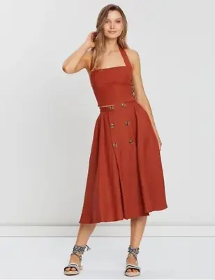 Tigerlily Lina Linen Rust Midi High Waisted Skirt Sz 8 Swing Pockets AS NEW! • $52