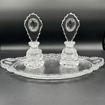 Vintage 1960s Vanity Set LE Smith Clear Pressed Glass Beaded Medallion • $35