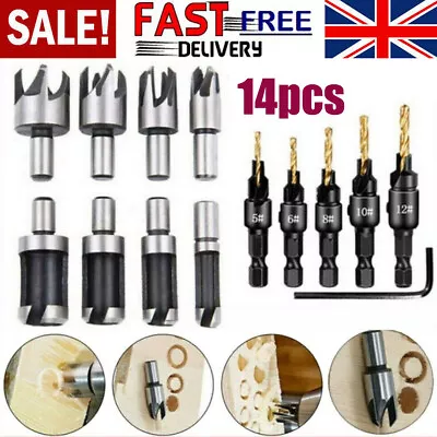 14pcs/Set Pack Countersink Drill Bit Wood Plug Cutter Woodworking Screw Hole New • £7.99