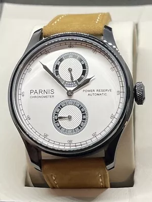 $120 • Buy PARNIS 43mm White Dial Power Reserve Black PVD Coating Leather Automatic Watch