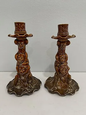 Antique Minton Majolica Pottery Brown Glazed Pair Monkey Candle Sticks Holders • $425