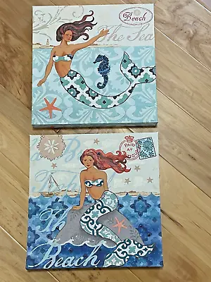 MERMAIDS Canvas Wrapped Wall Art BEACH Nautical Decor  12  X 12  Set Of 2 • $20