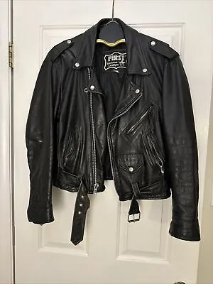 Vintage Mens First Genuine Leather Motorcycle Moto MC Lined Black Jacket • $75