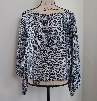 Women Size Small 100% Silk Leopard Kimono Sleeve Satin Top Pullover Animal Print • $12
