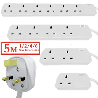 5M UK Extension Lead Cable 1/2/4/6 Gang Socket Covers White Mains Power 13AMP • £3.37