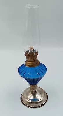 Vintage Blue Glass Mini Oil Lamp Hurricane Base Top Made In Hong Kong 10” Tall • $32