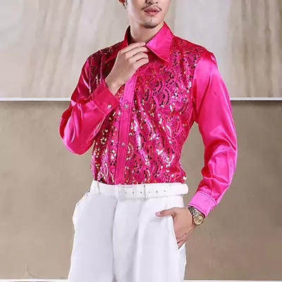 Shiny Gold Sequin Glitter Long Sleeve Shirt Men 2019 New Fashion Nightclub Party • £17.81