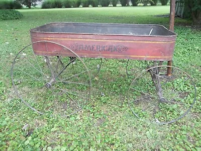 Antique American Red Wagon Metal Wood Early Childs Pull Toy Spoke Wheels Buggy  • $695