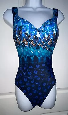 MIRACLESUIT Tummy Control Swimsuit 10 Underwire Softcup Blue Aqua Black Gold • $26.99