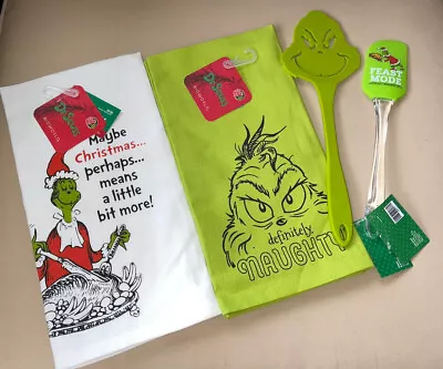 2 Dr. Seuss The Grinch Dish Towels 19 X 25 & Spatula & Spreader New Holiday Fun! • $39.96