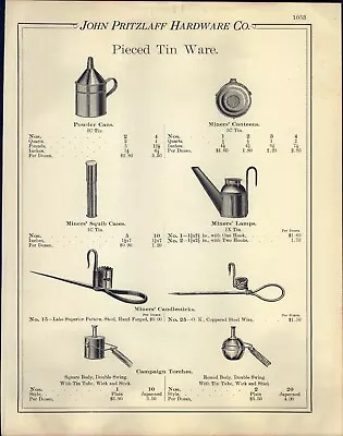 1903 PAPER AD Tin Ware Miners' Canteen Lamp Candlestick Torch Lard Can Pail Cook • $29.99