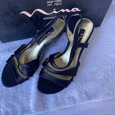 Nina New York Black Strap High Heel Shoes  Size 6.5M Nolga-LS Open Toe • $19.50