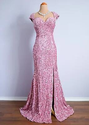 Mauve Pink Long Formal Prom Pageant Sequin Evening Wedding Gown Dress L 10 • $149