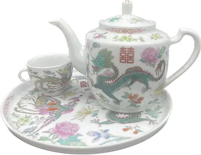 VTG China Famille Rose Porcelain Dragon Double Happiness Teapot Cup & Tray EUC • $39.95