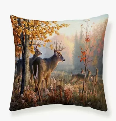 Deer Stag In Woods Scene Cabin Lodge Rustic Throw Pillow Cover Holiday Home • $13.08