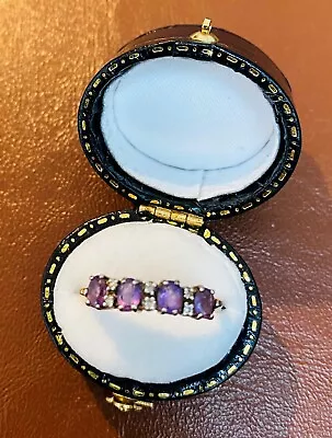 Vintage Amethyst & Diamond 9 Karat Gold Ring Size O 4x Oval Amethysts & 6x DIA • £23