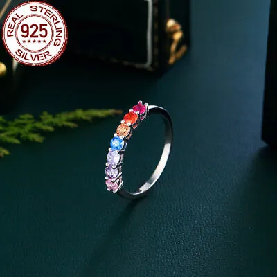Genuine 100% 925 Sterling Silver Boho Rainbow Cubic Zirconia CZ Engagement Ring • £8.72
