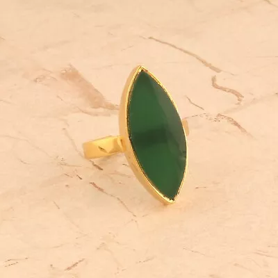 For Girls Wear Green Chalcedony 24k Gold Plated Marquise Shape Adjustable Ring • £6.73