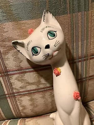 Mid-Century 1950s Long Neck Big Green Eyes Cat  7” Figurine Kitsch W Flowers • $14.99