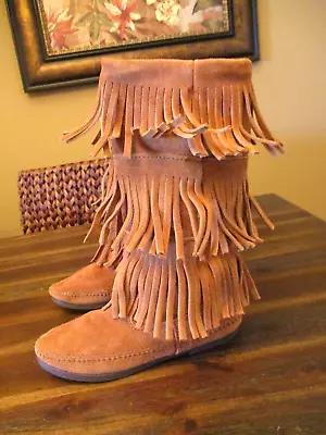 Minnetonka Women/Girls Tan Moccasins 3 Layer Fringe Boots Calf High Pocahontas • $26.35