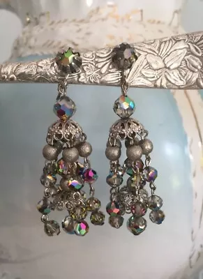 Stunning VTG PEACOCK AB Chandelier Dangle Earrings Clip Silver Prong Set 2 3/4  • $32.30