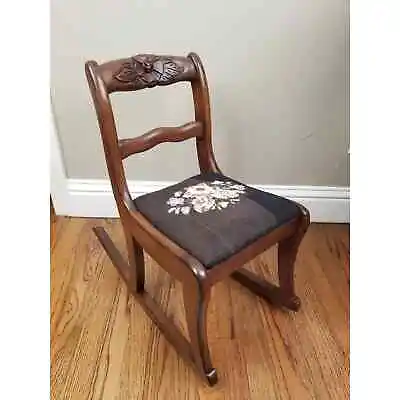 Children's Vintage Duncan Phyfe Rose Mahogany Rocking Chair Needlepoint Seat • $125