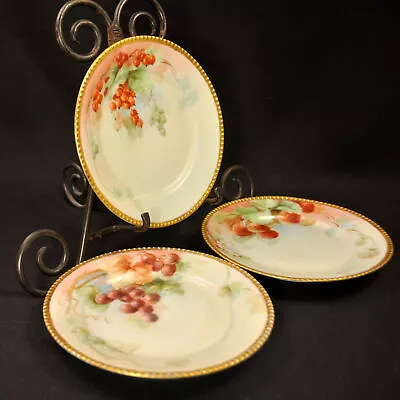 Schwarzburg Set 3 Dessert Plates HandPainted Fruits Gold Gadroon Beads 1906-1926 • $46.98