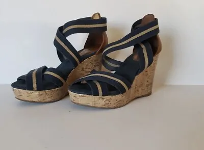 Merona Womens Size 6.5 Strappy Wedge Sandals Cork Heel Brown Blue Shoes • $16