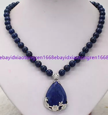 8mm Natural Blue Lapis Lazuli Round Gemstone Beads Pendant Necklace 18 Inch • $7.59